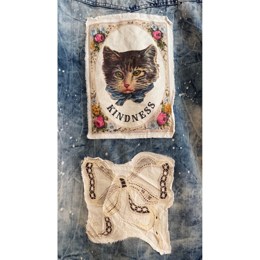 Upcycled/Reworked Denim Jacket| Vintage Heron, Cat, & Bow Patchwork| Boho| Large